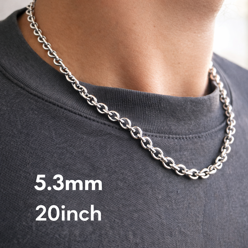 Silver chain necklace on a person wearing a dark gray shirt, with measurements '5.3mm' and '20inch' displayed.