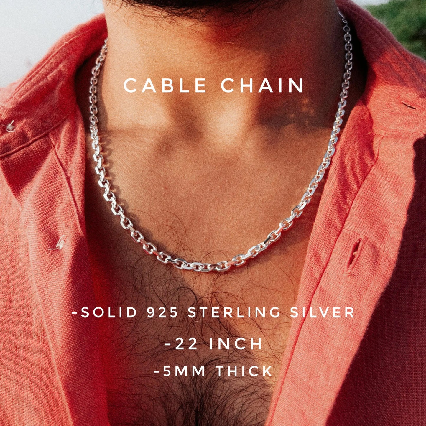 Silver cable chain necklace on a person wearing a red shirt, with product details overlayed.