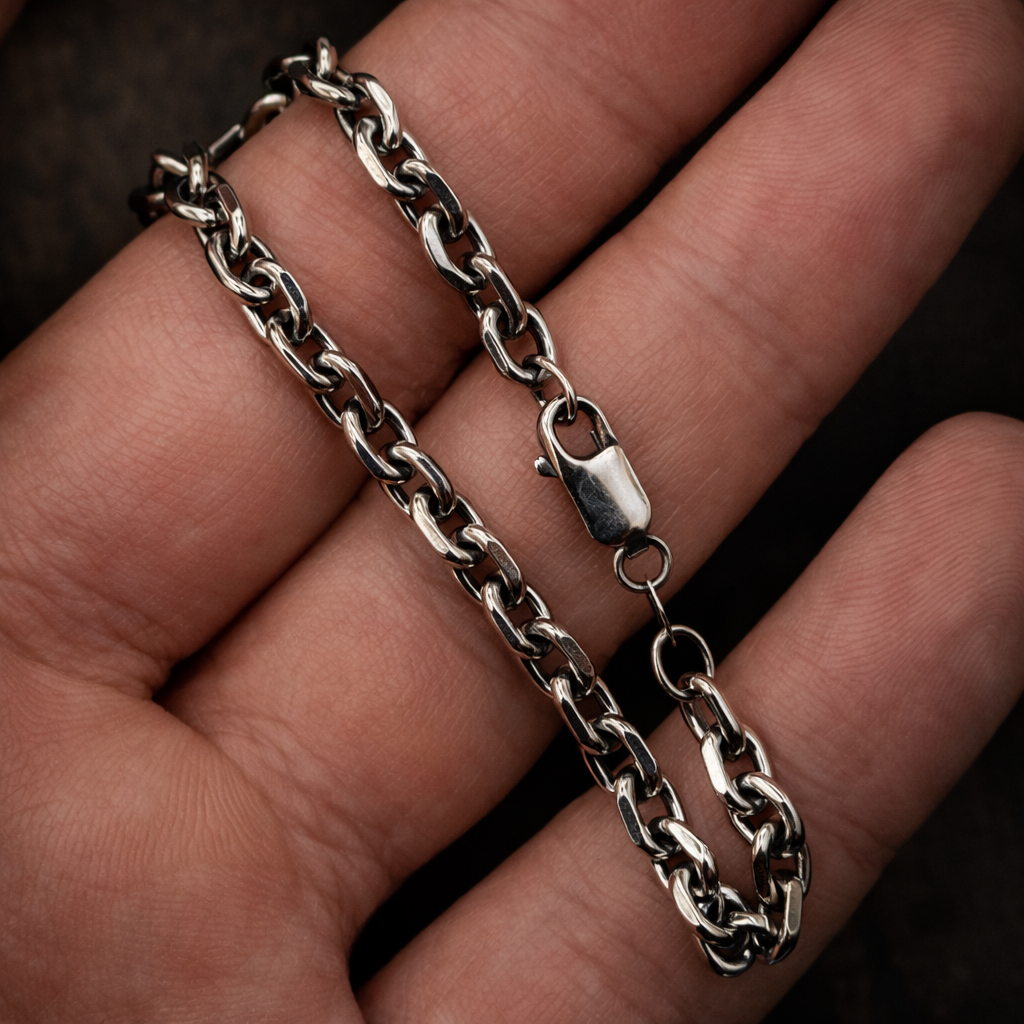 Silver chain necklace on a hand against a dark background
