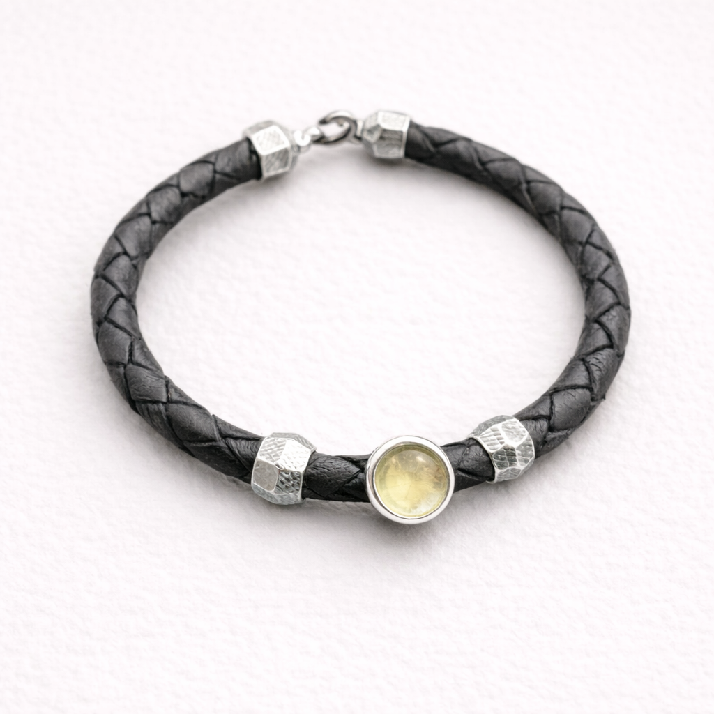 Black Leather Bracelet with Natural Gemstone - citrine
