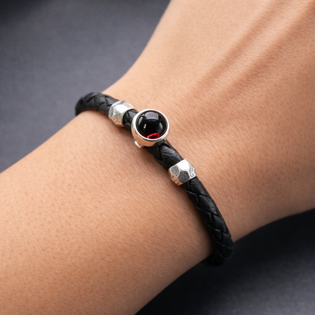 Black Leather Bracelet with Natural Gemstone - Red garnet