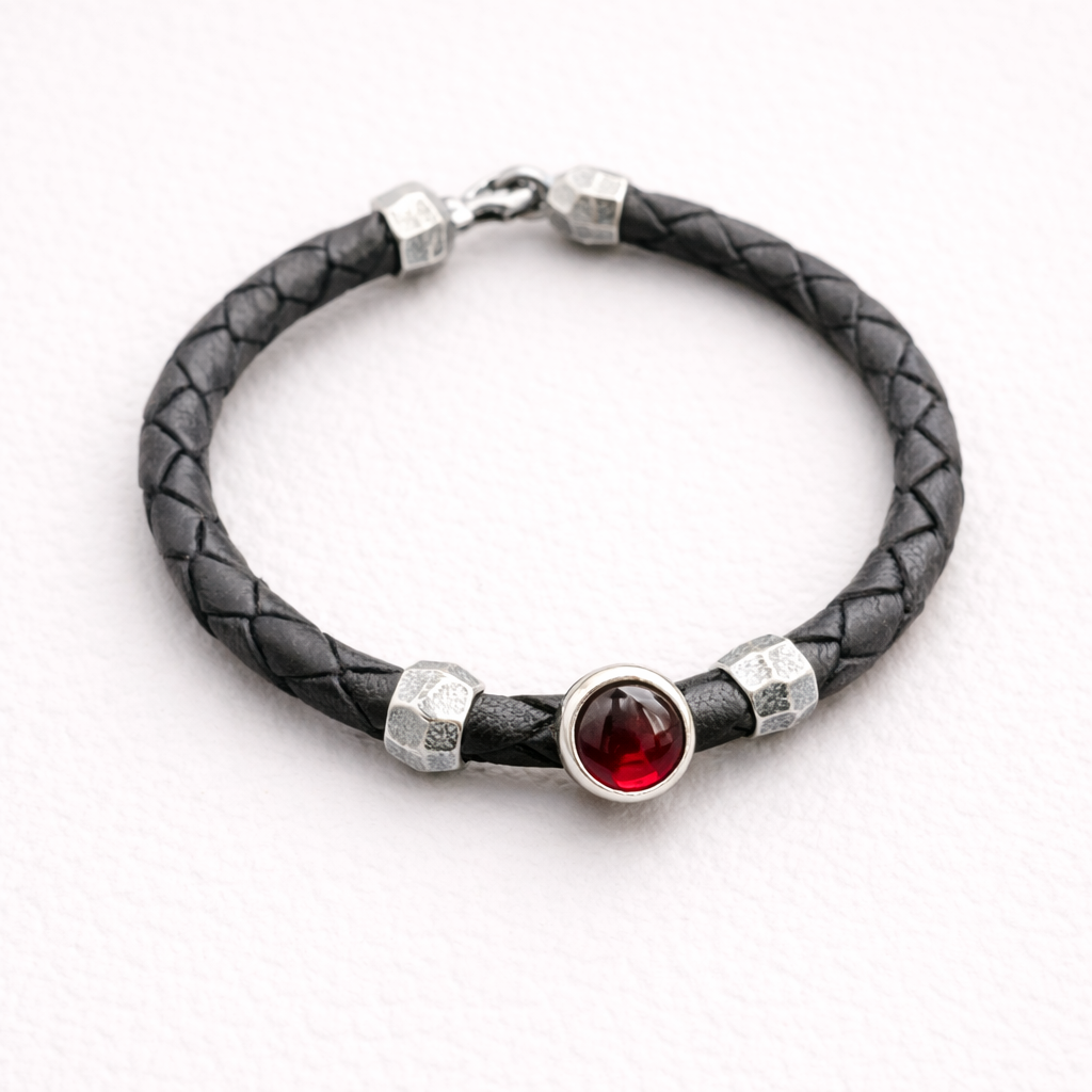 Black braided leather bracelet with a red gemstone and silver accents on a white background