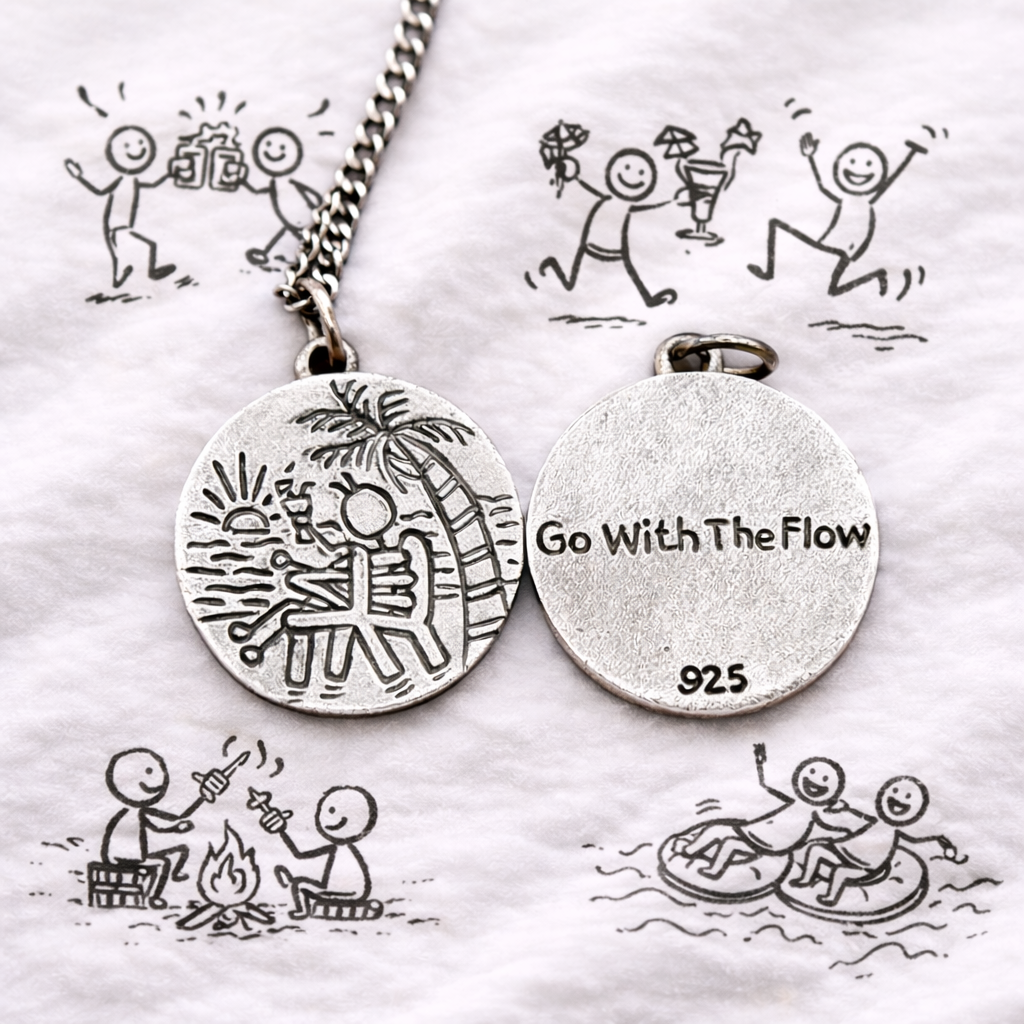 Silver necklace with two engraved discs on a white background with stick figure drawings.
