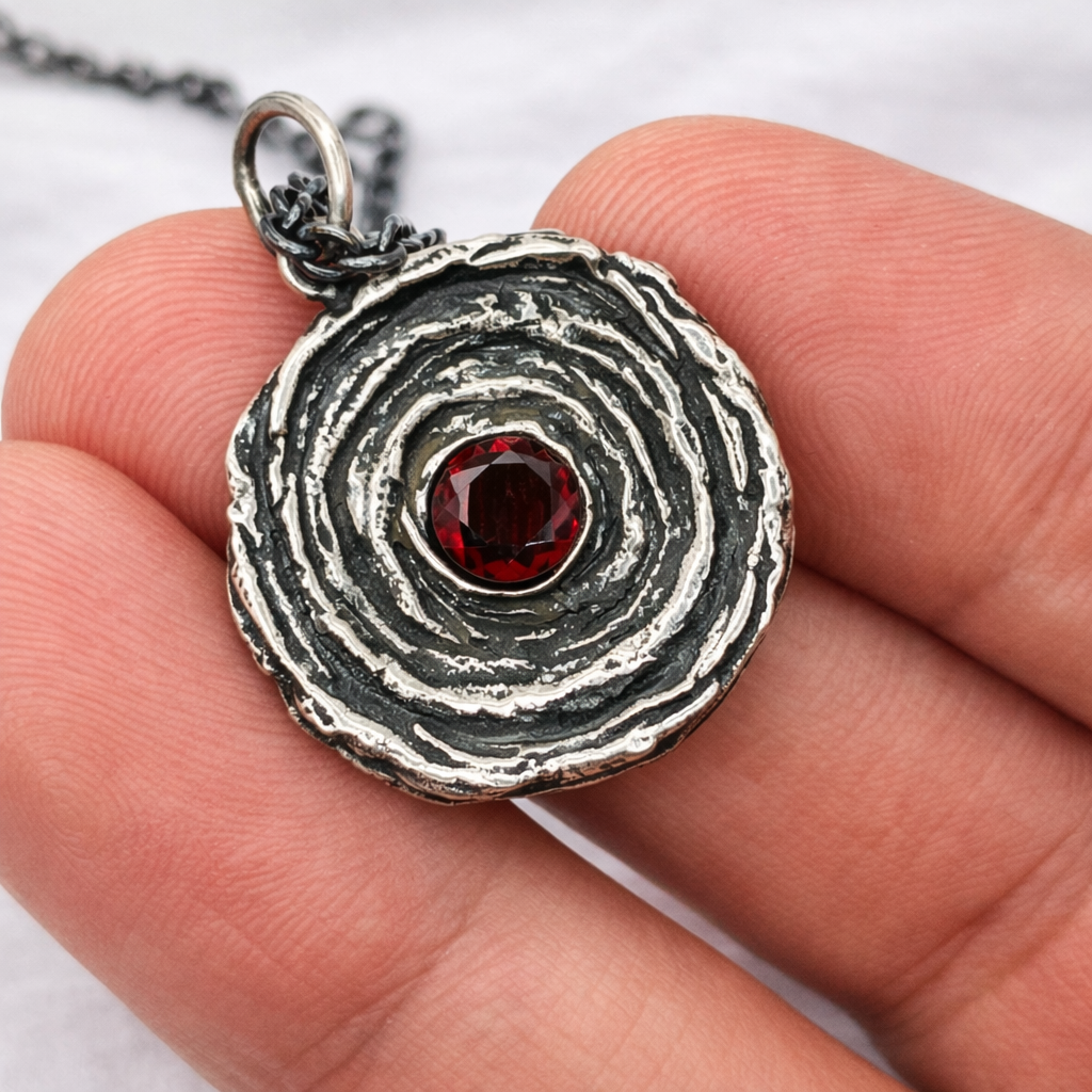Silver pendant with a red gemstone held in a hand against a white background