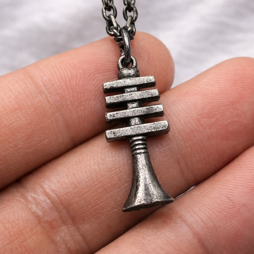 Silver necklace pendant held between fingers against a neutral background
