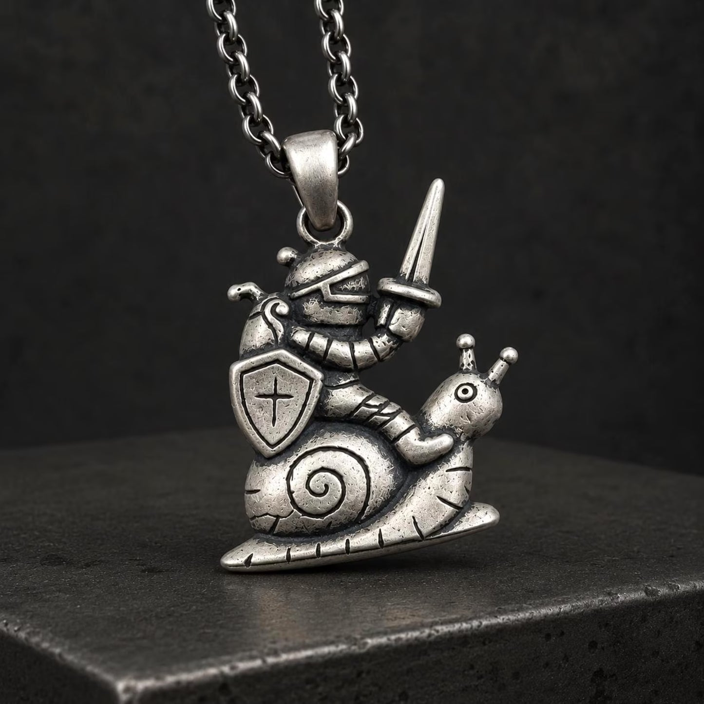 Medieval Knight Riding Snail Necklace