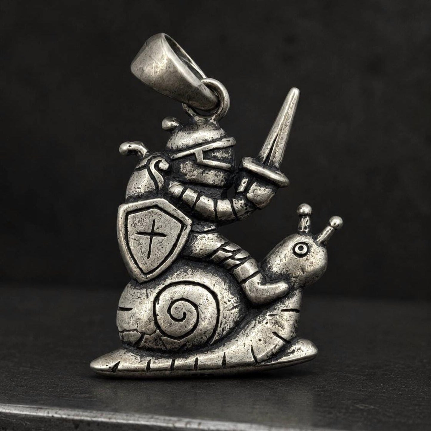 Medieval Knight Riding Snail Necklace
