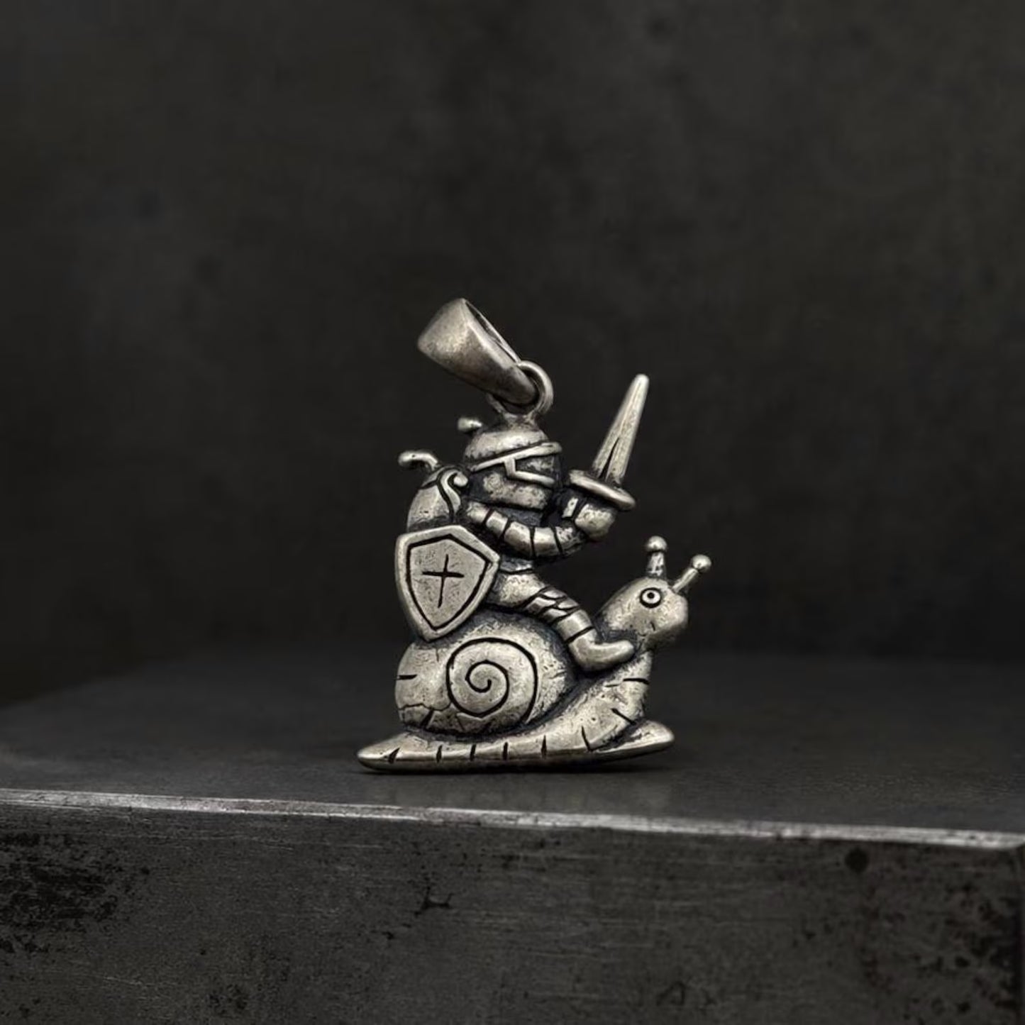 Medieval Knight Riding Snail Necklace
