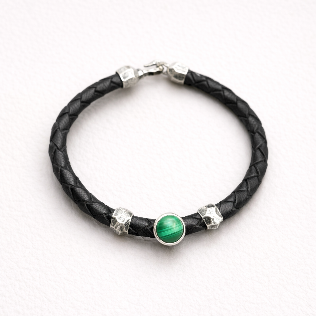 Black Leather Bracelet with Natural Gemstone - Green Malchite