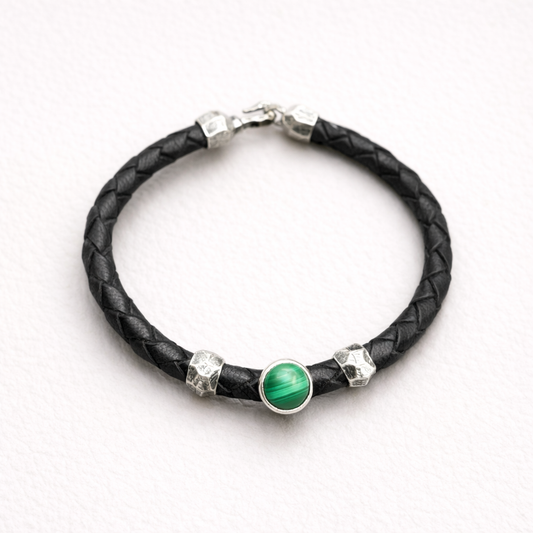 Black Leather Bracelet with Natural Gemstone - Green Malchite