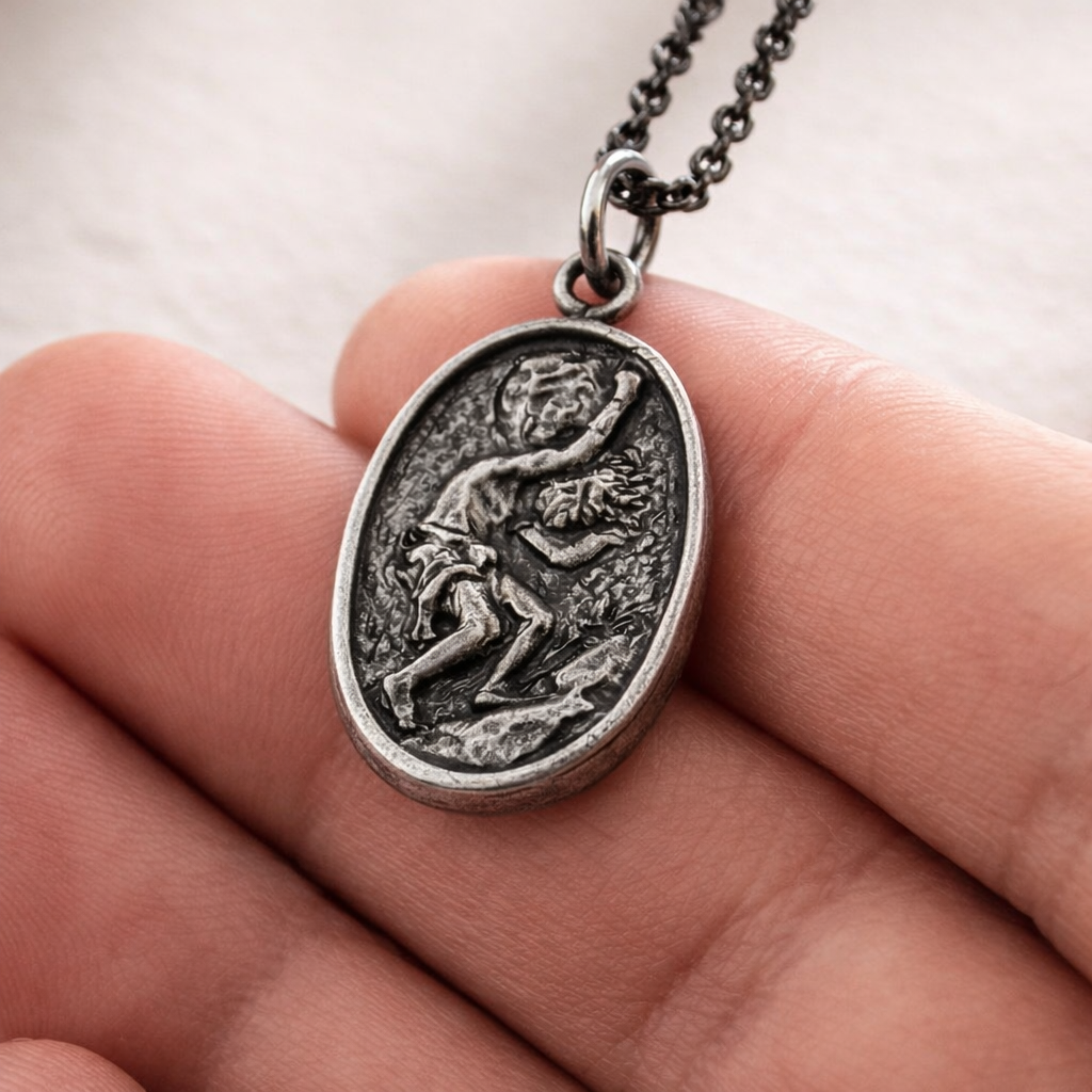 Silver pendant with intricate design held between fingers against a neutral background