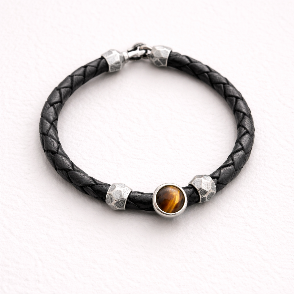 Black braided leather bracelet with silver beads and a tiger's eye stone on a white background